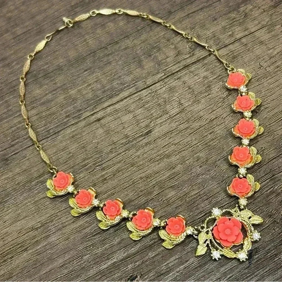 Gold Tone Floral Crystal Adorned Necklace - Picture 3 of 3